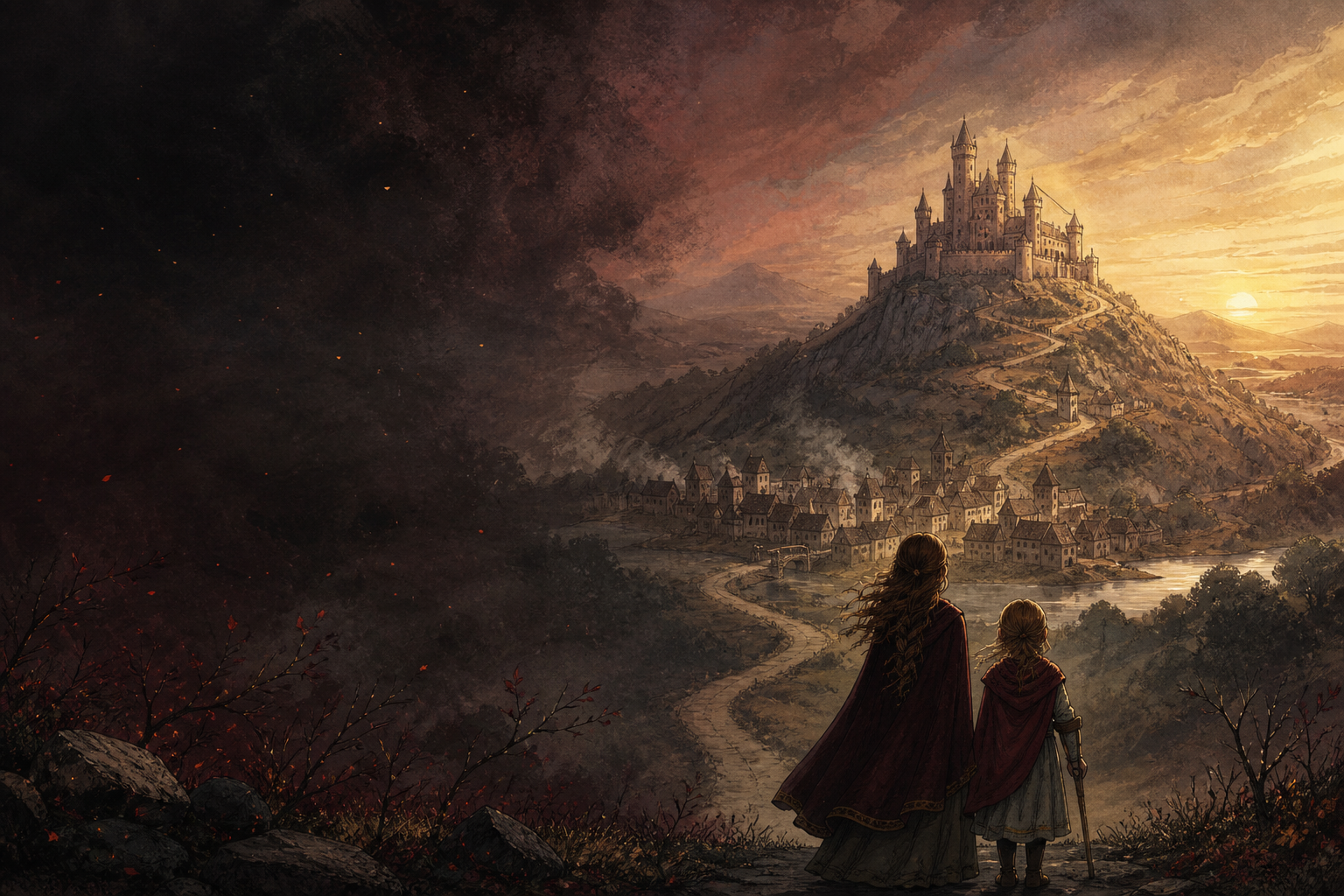 Two cloaked sisters look across a valley toward the village of Horrow and a castle on the hill